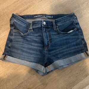 American Eagle High rise shortieNext level Stretch Dark Blue Rolled Denim Shorts